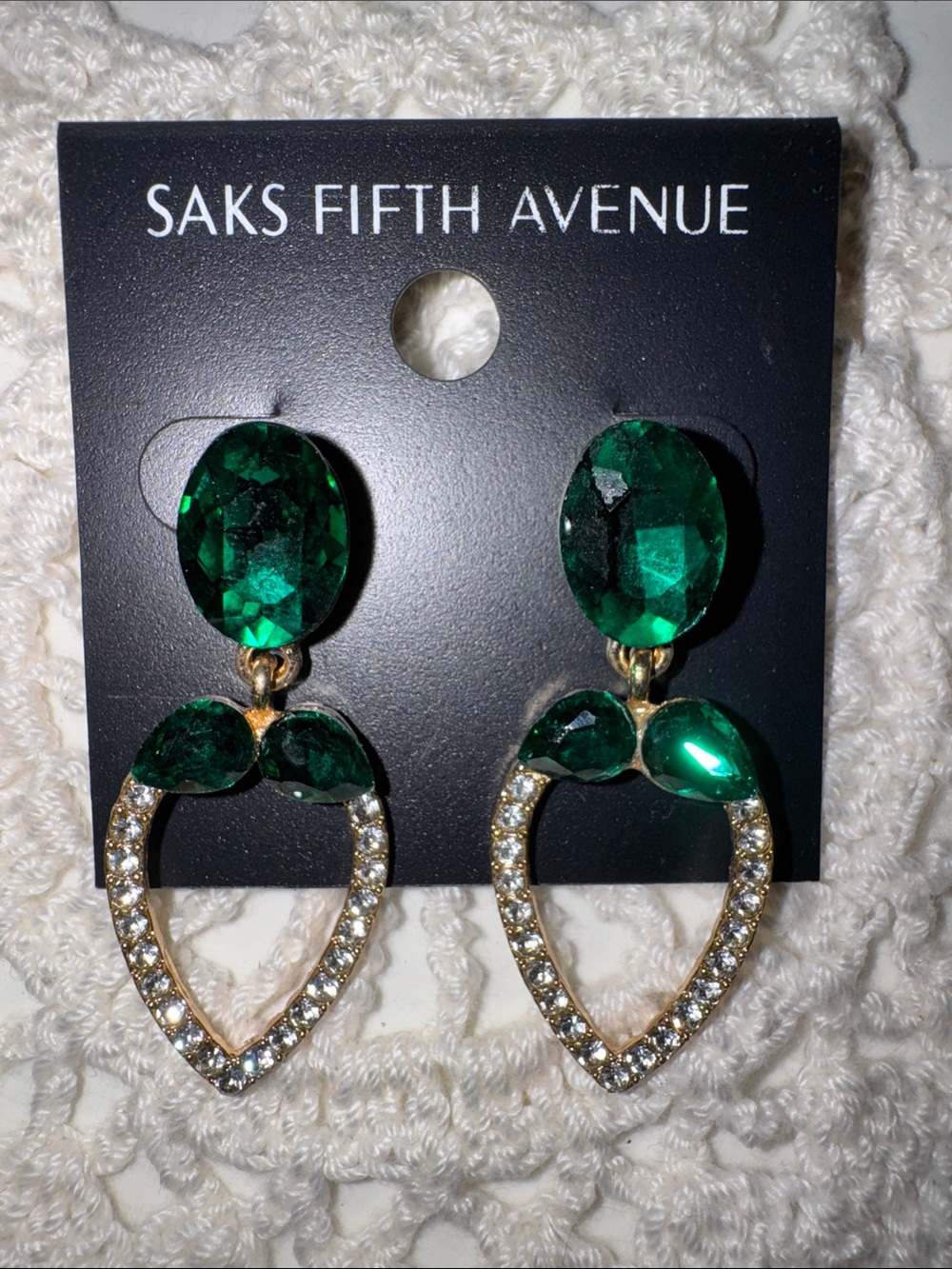 Saks Fifth Avenue Emerald Crystal Heart Drop Earrings NWOT